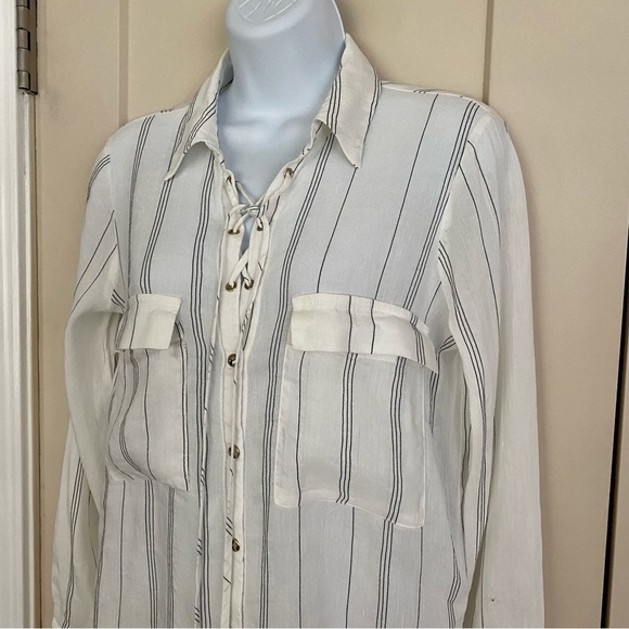 Zara Basic Black White Striped Linen-blend Top Shirt XS Officecore Oversized - Picture 2 of 13